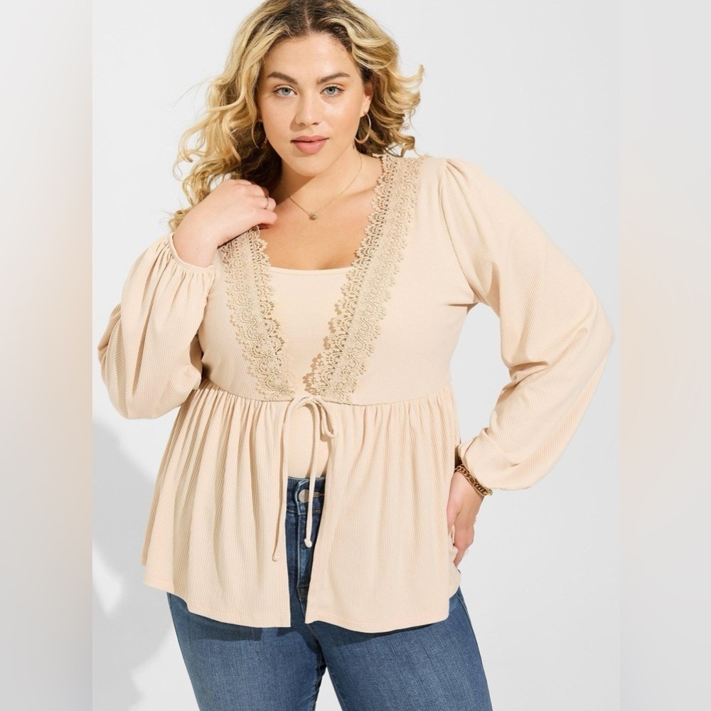 Torrid Super Soft Rib V-Neck Lace Trim Tie Front Long Sleeve Top Size 4x NWT
